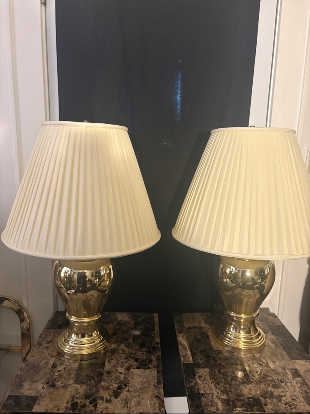 Vintage Brass Table Urn Style Lamps with Cream Pleated Shade - Pair
